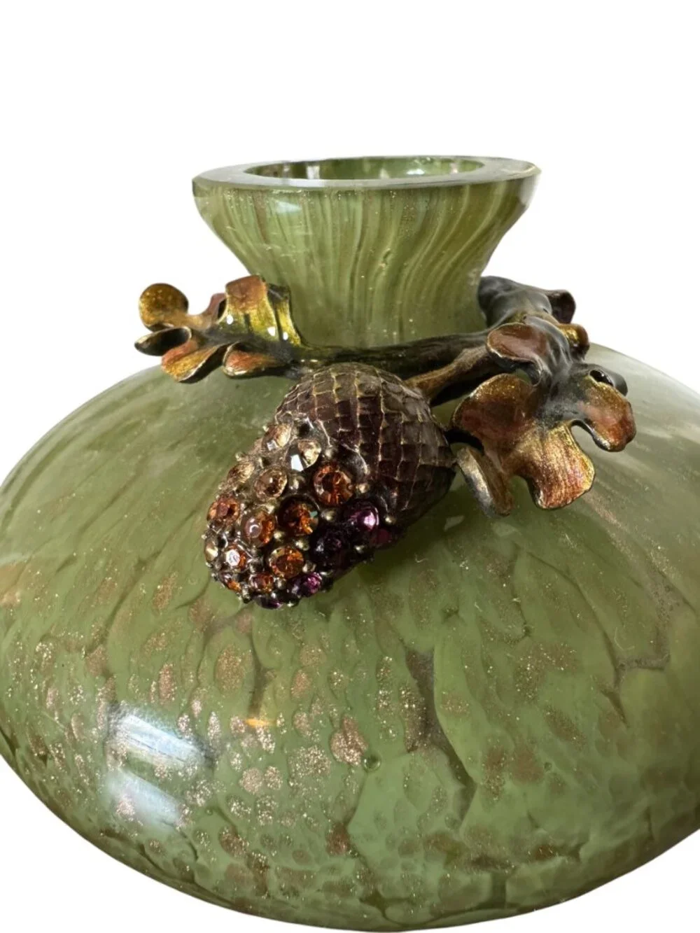 Vintage Jay Strongwater Swarovski Enamel Hand Blown Green/Gold Glass Acorn Vase